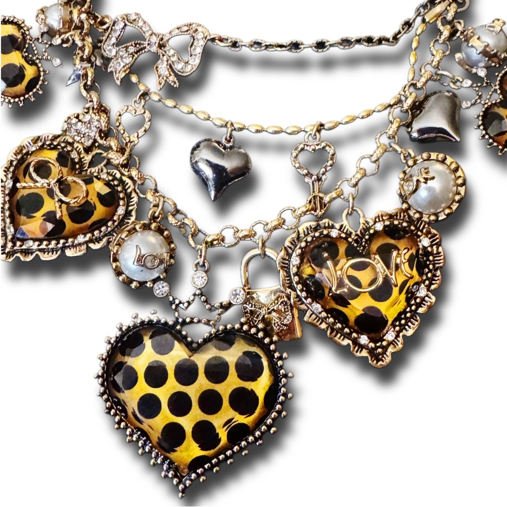 Vintage Betsey Johnson Lucite Heart & Locks Polka Dot Multi charm necklace - Picture 10 of 12